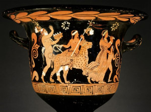 ©H. Lewandowski Vase grec à figures rouges sur fond noir 370 av.J.C Dyonisos sur un léopard